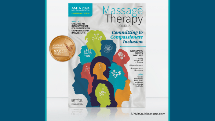 Cover of Massage Therapy Journal Fall 2024 with an Honorable Mention Medal from the MarCom Awards next to it